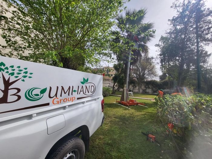 Camion BOUMHAND GROUP lors d'une taille de palmier à la nacelle